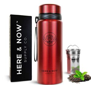 25 oz multi-function travel mug and tumbler | tea infuser water bottle | fruit infused flask | hot & cold double wall stainless steel coffee thermos | by here & now supply co. (sacred red)