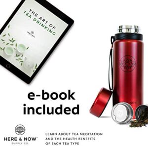 25 oz Multi-Function Travel Mug and Tumbler | Tea Infuser Water Bottle | Fruit Infused Flask | Hot & Cold Double Wall Stainless Steel Coffee Thermos | by Here & Now Supply Co. (Sacred Red)