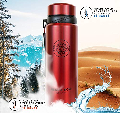 25 oz Multi-Function Travel Mug and Tumbler | Tea Infuser Water Bottle | Fruit Infused Flask | Hot & Cold Double Wall Stainless Steel Coffee Thermos | by Here & Now Supply Co. (Sacred Red)