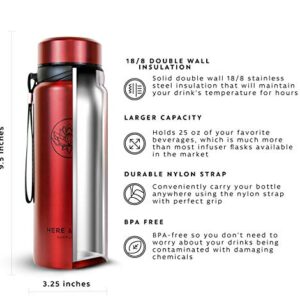 25 oz Multi-Function Travel Mug and Tumbler | Tea Infuser Water Bottle | Fruit Infused Flask | Hot & Cold Double Wall Stainless Steel Coffee Thermos | by Here & Now Supply Co. (Sacred Red)