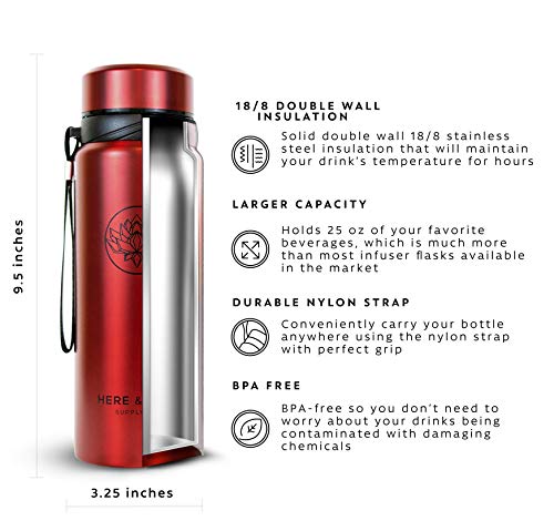 25 oz Multi-Function Travel Mug and Tumbler | Tea Infuser Water Bottle | Fruit Infused Flask | Hot & Cold Double Wall Stainless Steel Coffee Thermos | by Here & Now Supply Co. (Sacred Red)