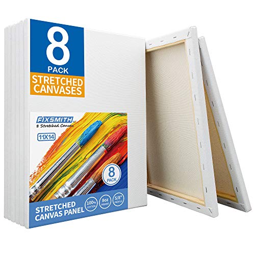 FIXSMITH Stretched White Blank Canvas - 11x14 Inch, 8 Pack, Primed,100% Cotton,5/8 Inch Profile of Super Value Pack for Acrylics,Oils & Other Painting Media