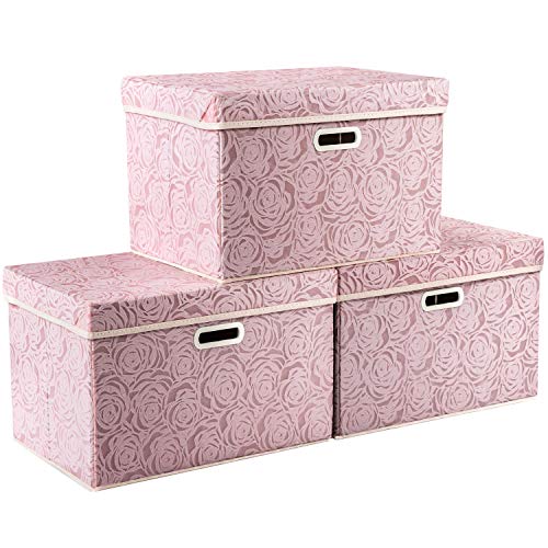 PRANDOM Larger Collapsible Storage Boxes with Lids Fabric Decorative Storage Bins Cubes Organizer Containers Baskets with Handles Divider for Bedroom Closet Living Room Pink 17.7x11.8x11.8 Inch 3 Pack