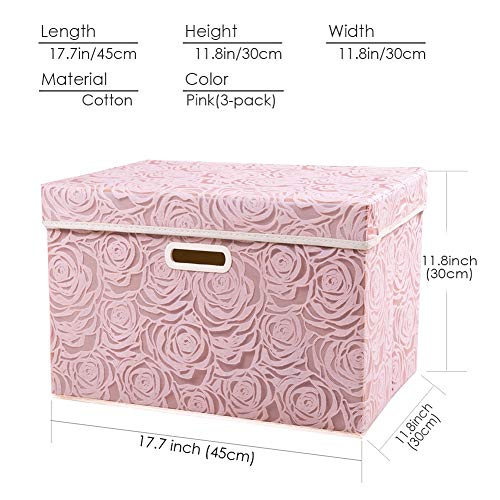 PRANDOM Larger Collapsible Storage Boxes with Lids Fabric Decorative Storage Bins Cubes Organizer Containers Baskets with Handles Divider for Bedroom Closet Living Room Pink 17.7x11.8x11.8 Inch 3 Pack