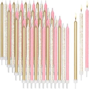 metallic glitter long thin birthday cake candles in holders (5 in, 48 pack)