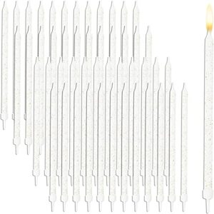 white gold glitter long thin birthday cake candles in holders (5 in., 48 pack)
