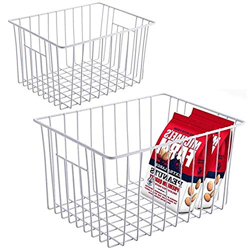 Slideep Fridge Freezer Baskets, Wire Storage Organizer Basket, Household Refrigerator Bin with Built-in Handles for Cabinets, Pantry, Closets, Bedrooms White - Set of 2