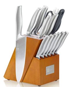 t.j koch knife set stainless steel knives premium non-slip single piece with golden oak block kitchen scissors sharpener rod 14-piece