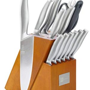 T.J Koch Knife Set Stainless Steel Knives Premium Non-slip Single Piece with Golden Oak Block Kitchen Scissors Sharpener Rod 14-piece