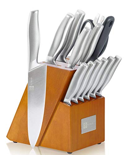 T.J Koch Knife Set Stainless Steel Knives Premium Non-slip Single Piece with Golden Oak Block Kitchen Scissors Sharpener Rod 14-piece