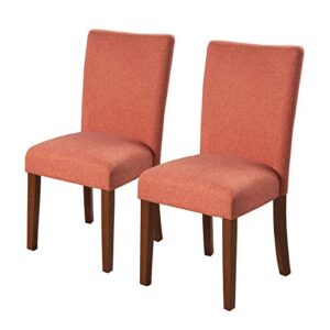 benjara fabric upholstered parson dining chair with wooden legs, set of two, orange and brown