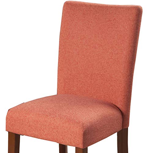 Benjara Fabric Upholstered Parson Dining Chair with Wooden Legs, Set of Two, Orange and Brown