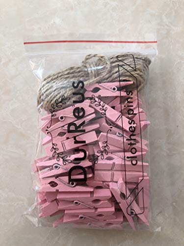 DurReus Tiny Clothes Pins Colorful Hang Up Photographs Drawings Party Clips Decor Baby Shower Game with Twine Pack 50 Pink