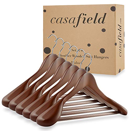 Casafield - 6 Walnut Wide Shoulder Wooden Suit Hangers - Premium Lotus Wood, Non-Slip Pant Bar & Chrome Swivel Hook for Dress Clothes, Coats, Jackets, Pants, Shirts, Skirts