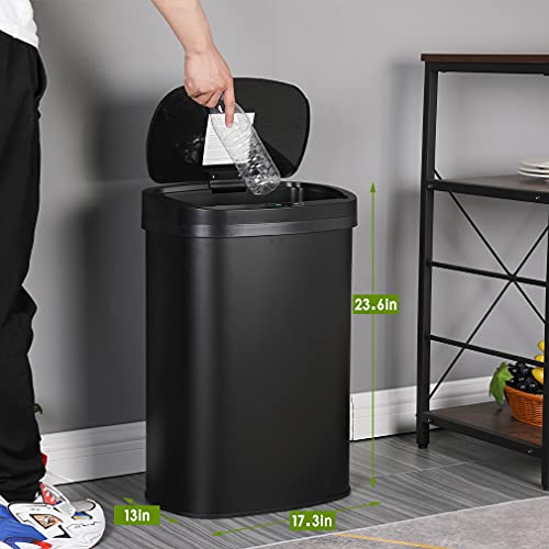 Stainless Steel Kitchen Trash Can Bathroom Bedroom Office Waste Bin with Lid Automatic Sensor Touch Free Garbage Can 13 Gallon / 50L,Black