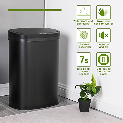 Stainless Steel Kitchen Trash Can Bathroom Bedroom Office Waste Bin with Lid Automatic Sensor Touch Free Garbage Can 13 Gallon / 50L,Black