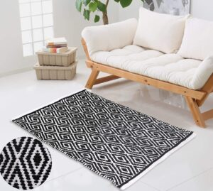 the beer valley cotton diamond rug 21x34 inches - black, reversible machine washable accent rugs for bedroom, kitchen, entryway, bathroom