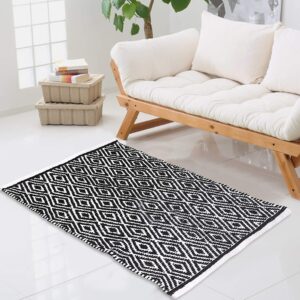 THE BEER VALLEY Cotton Diamond Rug 21x34 Inches - Black, Reversible Machine Washable Accent Rugs for Bedroom, Kitchen, Entryway, Bathroom