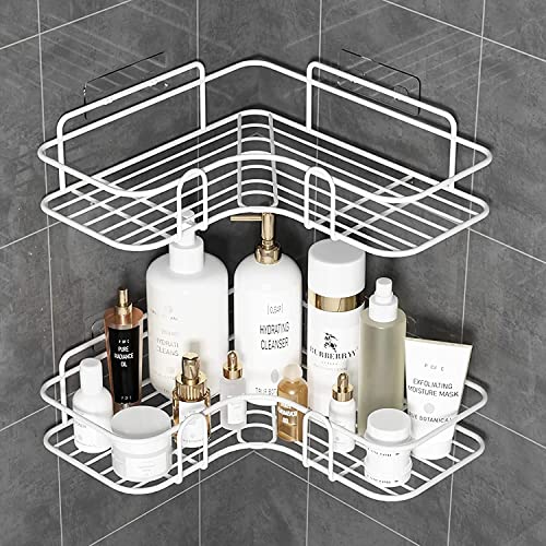 LAIGOO Adhesive Shower Caddy Corner Shelf, Metal Bathroom Shelf Wall Mounted Shower Shelf, Non-Drilling Floating Shelves for Shower Organizer/Bathroom Organizer/Kitchen (2 Pack, White)