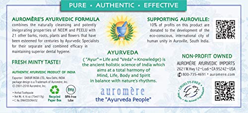 Auromere Ayurvedic Herbal Toothpaste, Fresh Mint - Vegan, Natural, Non GMO, Fluoride Free, Gluten Free, with Neem & Peelu (4.16 oz), 3 Pack