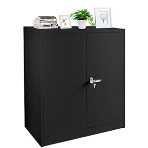 intergreat metal storage cabinet with locking doors, lockable steel storage cabinet with 2 doors and shelves, black metal cabinet with lock, small steel cabinet for home office, garage, shop