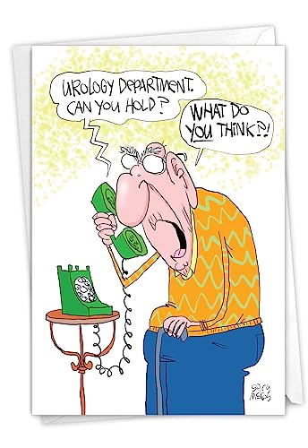 NobleWorks - 1 Happy Birthday Card with Funny Cartoons - Mature Humor Notecard with Envelope, Celebrate Birthdays - Urology Department C7262BDG