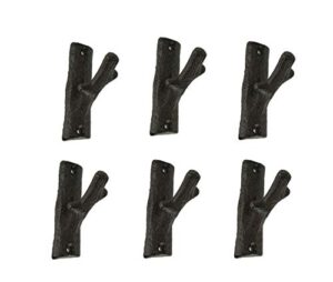set of 6 rustic brown cast iron tree branch wall hooks western décor 3.25 inches high