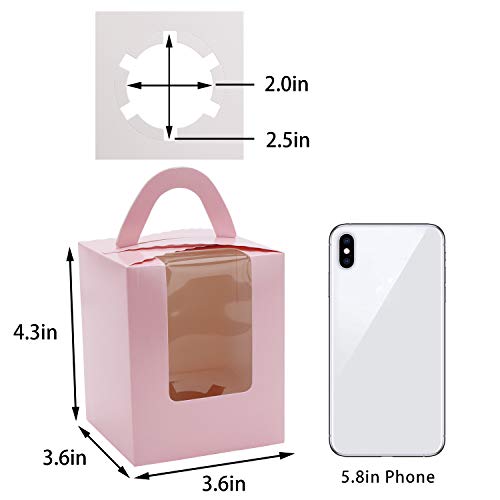 EUSOAR Cupcake Boxes Carriers, 50pcs Pink Single Individual Cupcake Boxes Holders Containers, Portable Paper Muffin Gift Boxes with Window Inserts Handle, for Wedding Birthday Party Treats Boxes