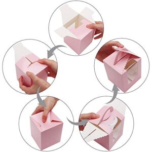 EUSOAR Cupcake Boxes Carriers, 50pcs Pink Single Individual Cupcake Boxes Holders Containers, Portable Paper Muffin Gift Boxes with Window Inserts Handle, for Wedding Birthday Party Treats Boxes