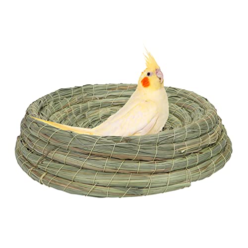 Handwoven Straw Hatching Breeding Cave Bird Nesting Box Flat Base Grass Nest for Parrot Macaw African Greys Budgies Hamster Gerbil Chinchillas Bed House (L)