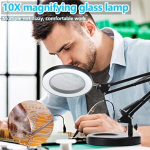 10X Magnifying Glass with Light and Stand, KIRKAS 2-in-1 Stepless Dimmable LED Magnifying Desk Lamp with Clamp, 3 Color Modes Lighted Magnifier Swivel Arm Light for Reading, Craft, Close Works -Black