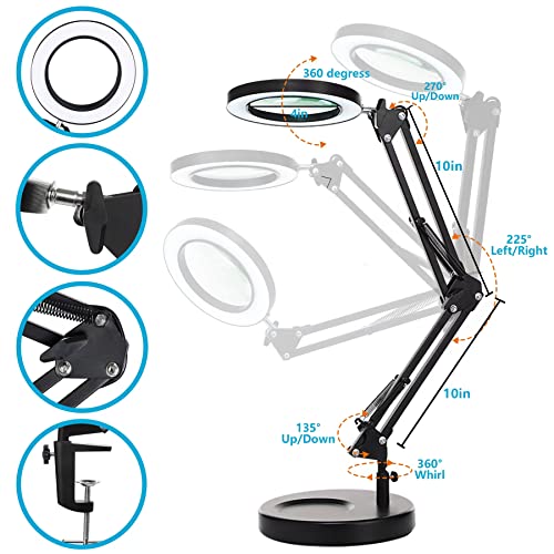 10X Magnifying Glass with Light and Stand, KIRKAS 2-in-1 Stepless Dimmable LED Magnifying Desk Lamp with Clamp, 3 Color Modes Lighted Magnifier Swivel Arm Light for Reading, Craft, Close Works -Black