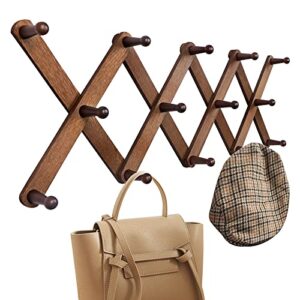 oropy wood accordion wall hanger, expandable coat rack wall mount with 14 pegs, expanding hat rack for wall, x shape, 27"×10", walnut color