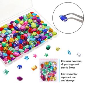 YIQIHAI 360pcs Craft Gems Jewels Acrylic Flatback Rhinestones Gemstone for Arts and Crafts Jewels, 10-15mm，9 Shapes with Tweezers and Storage Box