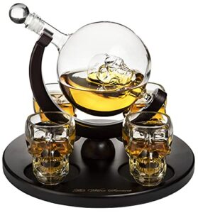 skull king skeleton wine & whiskey globe decanter set 850 ml with 4 skull head 3oz skeletons shot glasses + mahogany wooden base decor glass, goth spooky drinking glassware the wine savant