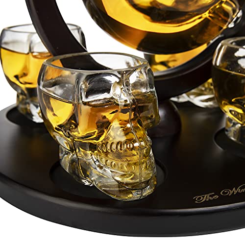 Skull King Skeleton Wine & Whiskey Globe Decanter Set 850 mL With 4 Skull Head 3oz Skeletons Shot Glasses + Mahogany Wooden Base Decor Glass, Goth Spooky Drinking Glassware The Wine Savant