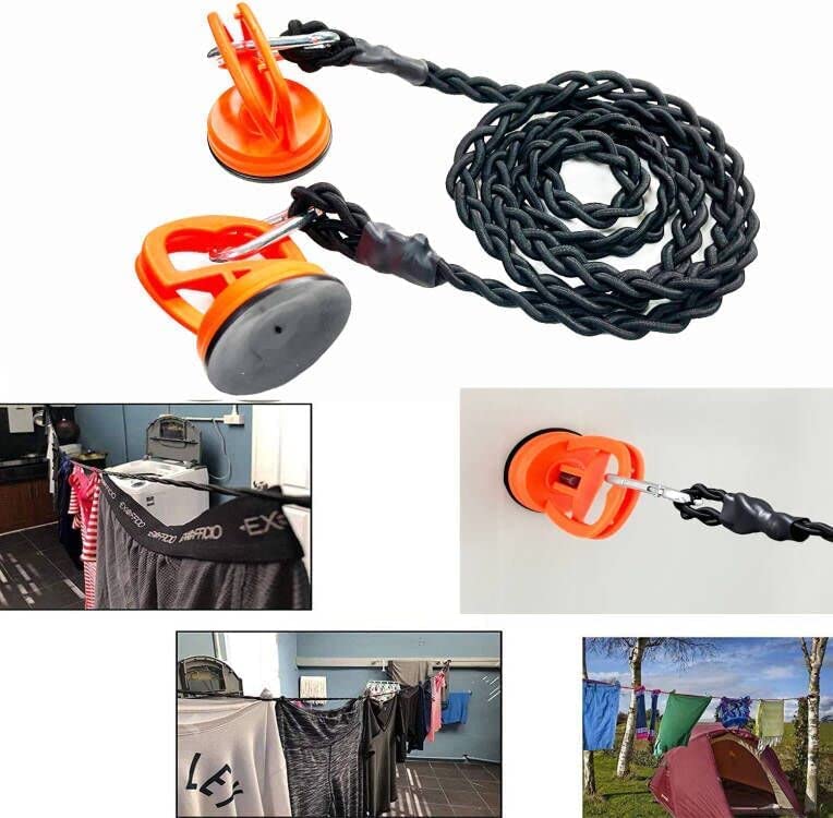 Braided Elastic Cord Travel Clothesline Travel Bungee Cord Laundry Clothesline (with 2 Strong Suction Cups) - Secures to Wall or Tile with Extra Large Suction Cups | Secures to Tree or on a Pole