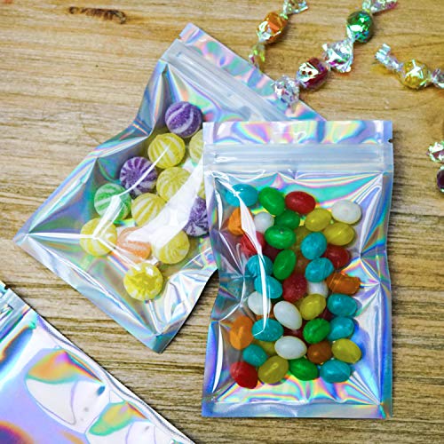 HAPPY COASTER CARDS 100 Pieces Smell Proof Bags - 3x5 Inches Resealable Mylar Bags Clear Zip Lock Food Candy Storage Bags Holographic Rainbow Color