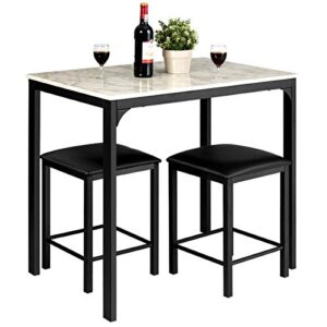 giantex 3 pcs dining table and chairs set with faux marble tabletop 2 chairs contemporary dining table set for home or hotel dining room, kitchen or bar (white & black)