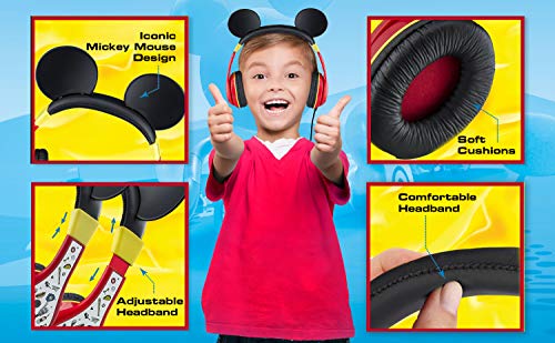 eKids Mickey Mouse Headphones For Kids, Adjustable Over the Ear Headphones, 3.5mm Jack Wired Headphones with Parental Volume Control, for Fans of Mickey Mouse Gifts