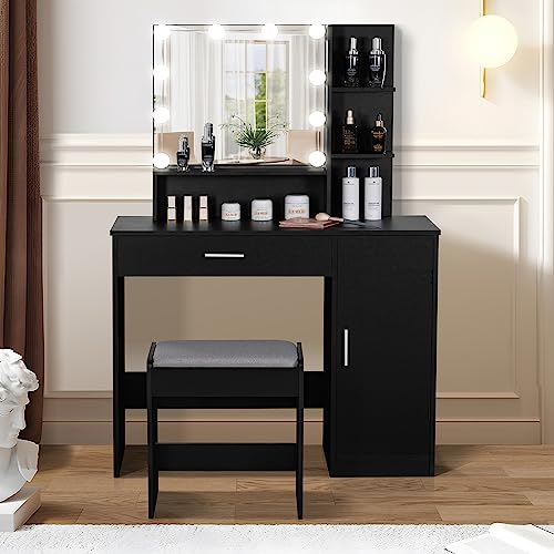 usikey Makeup Vanity Desk, Vanity Mirror with Lights and Table Set with Drawer, Cabinet & 3 Shelves, Makeup Vanity Set with 3 Lighting Modes Brightness Adjustable for Bedroom, Black