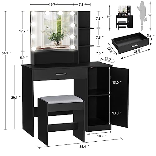 usikey Makeup Vanity Desk, Vanity Mirror with Lights and Table Set with Drawer, Cabinet & 3 Shelves, Makeup Vanity Set with 3 Lighting Modes Brightness Adjustable for Bedroom, Black