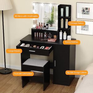 usikey Makeup Vanity Desk, Vanity Mirror with Lights and Table Set with Drawer, Cabinet & 3 Shelves, Makeup Vanity Set with 3 Lighting Modes Brightness Adjustable for Bedroom, Black