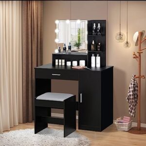 usikey Makeup Vanity Desk, Vanity Mirror with Lights and Table Set with Drawer, Cabinet & 3 Shelves, Makeup Vanity Set with 3 Lighting Modes Brightness Adjustable for Bedroom, Black