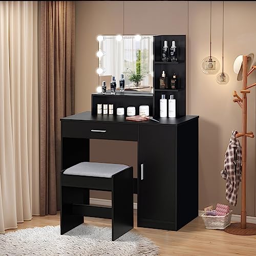 usikey Makeup Vanity Desk, Vanity Mirror with Lights and Table Set with Drawer, Cabinet & 3 Shelves, Makeup Vanity Set with 3 Lighting Modes Brightness Adjustable for Bedroom, Black