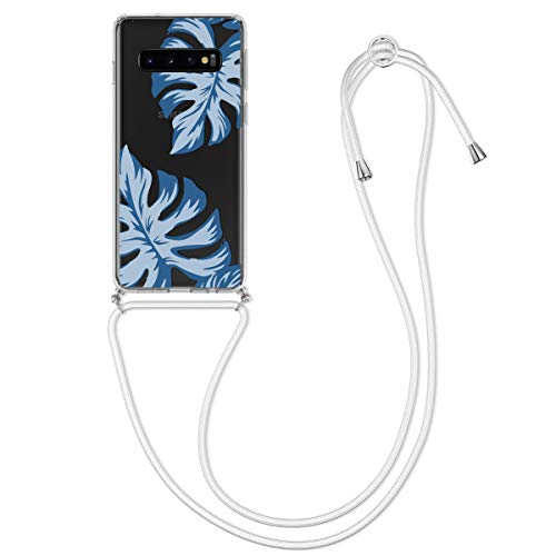 kwmobile Crossbody Case Compatible with Samsung Galaxy S10 Case Strap - Tropical Leaves Light Blue/Dark Blue/Transparent