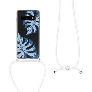 kwmobile Crossbody Case Compatible with Samsung Galaxy S10 Case Strap - Tropical Leaves Light Blue/Dark Blue/Transparent