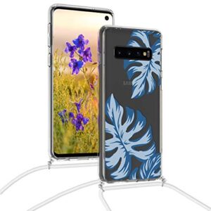 kwmobile Crossbody Case Compatible with Samsung Galaxy S10 Case Strap - Tropical Leaves Light Blue/Dark Blue/Transparent