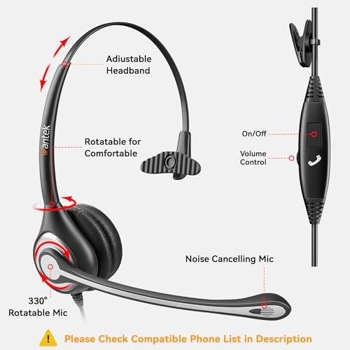 Wantek Phone Headset with Microphone Noise Cancelling, Telephone Headsets 2.5mm Jack Work for Panasonic AT&T ML17929 Vtech RCA Cisco Uniden Polycom Grandstream Home Office Cordless Phones(F600J25P)