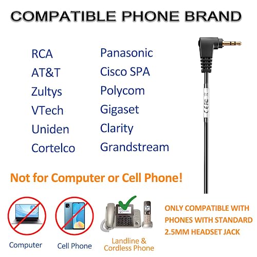 Wantek Phone Headset with Microphone Noise Cancelling, Telephone Headsets 2.5mm Jack Work for Panasonic AT&T ML17929 Vtech RCA Cisco Uniden Polycom Grandstream Home Office Cordless Phones(F600J25P)